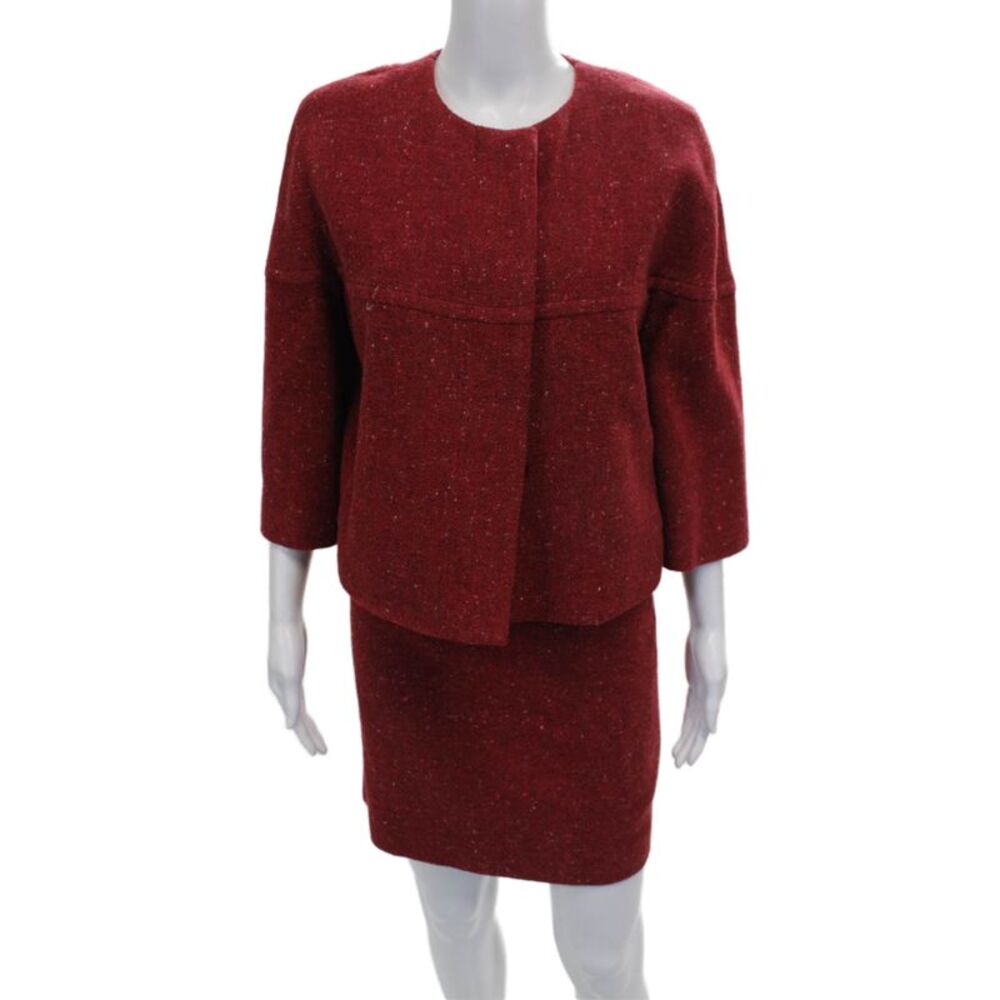 Akris Punto Women Red Flecked Skirt Suit 3/4 Sleeve Button Polyester Size 8